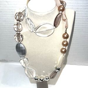 Statement Beaded Necklace & Earrings Set Chunky MixShape Clear Taupe Silver Gold